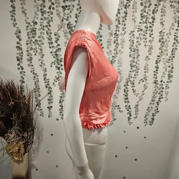 Smythe Ruffle Trim One Shoulder Top Rose Pink Size 4 Satin Smocked Blouse